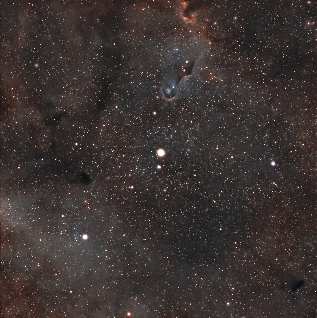 Astrophotography of the Elephant Trunk Nebula, featuring dark cosmic pillars in vibrant emission clouds.